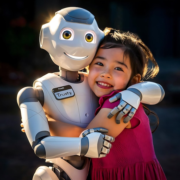 Heartwarming Bond A Young Girl and Her Trusty Robot Smiling