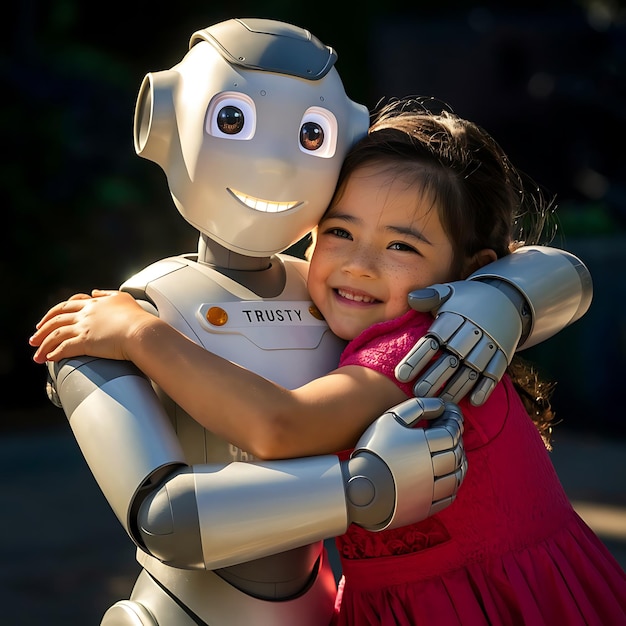 Heartwarming Bond A Young Girl and Her Trusty Robot Smiling