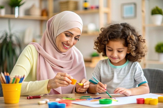 Heartwarming Bonding Moments Child and Adult Enjoying Arts and Crafts Together a Bright Cheerful