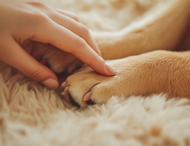 Photo heartwarming closeup of a human hand holding a dogs paw symbolizing trust care and friendship