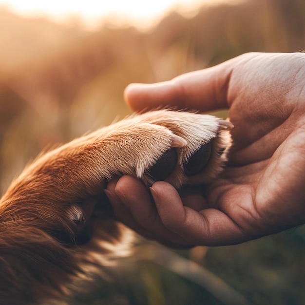 Heartwarming CloseUp of a Human Hand Holding a Dogs Paw Symbolizing Trust Care and Friendship