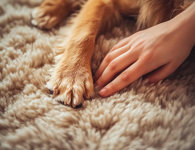 Heartwarming CloseUp of a Human Hand Holding a Dogs Paw Symbolizing Trust Care and Friendship