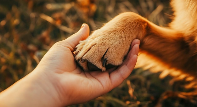 Heartwarming CloseUp of a Human Hand Holding a Dogs Paw Symbolizing Trust Care and Friendship