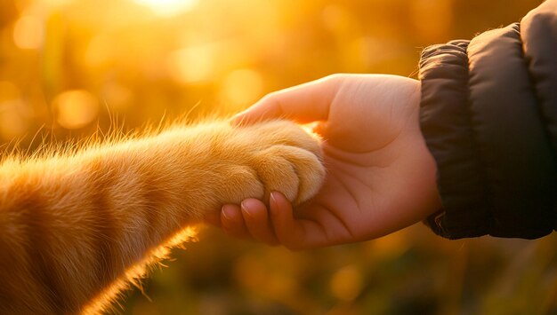 Photo heartwarming closeup of a human hand holding a dogs paw symbolizing trust care and friendship