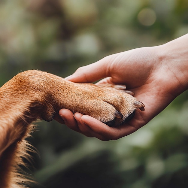 Heartwarming CloseUp of a Human Hand Holding a Dogs Paw Symbolizing Trust Care and Friendship