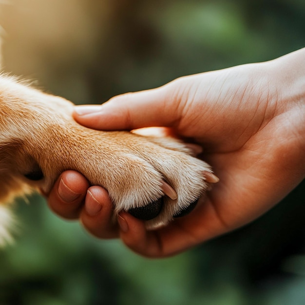 Photo heartwarming closeup of a human hand holding a dogs paw symbolizing trust care and friendship