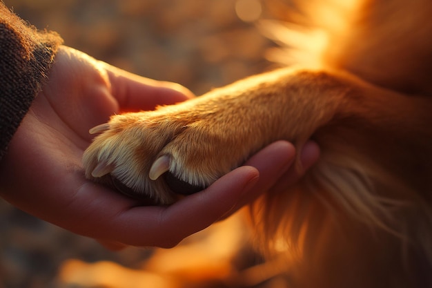 Heartwarming CloseUp of a Human Hand Holding a Dogs Paw Symbolizing Trust Care and Friendship