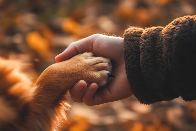 Photo heartwarming closeup of a human hand holding a dogs paw symbolizing trust care and friendship