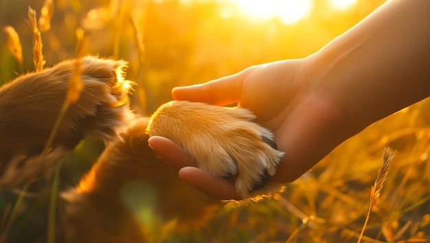 Photo heartwarming closeup of a human hand holding a dogs paw symbolizing trust care and friendship