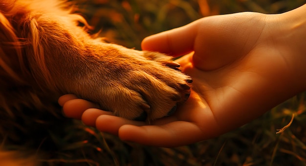 Heartwarming CloseUp of a Human Hand Holding a Dogs Paw Symbolizing Trust Care and Friendship