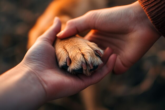 Photo heartwarming closeup of a human hand holding a dogs paw symbolizing trust care and friendship