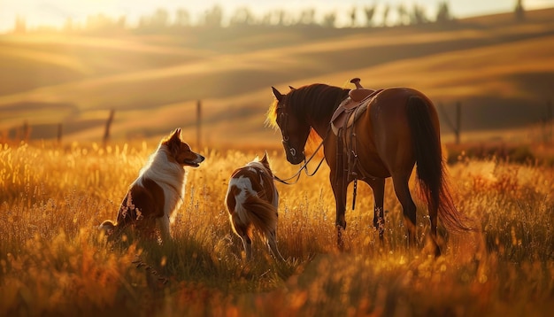 Heartwarming companionship red border collie dog horse share moment of tranquility in countryside