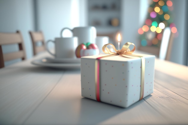 A heartwarming display of generosity featuring a gift box wrapped in celebratory colors resting on a simple white wooden table