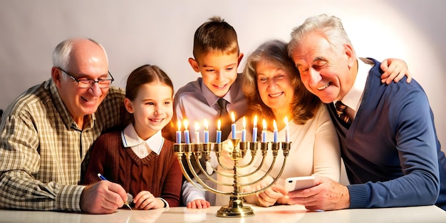 Heartwarming Family Candid Photo Lighting Hanukkah Candles Together Around Menorah Celebrating Tra