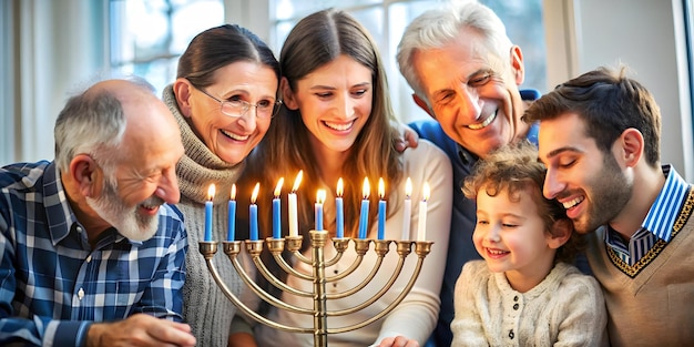 Heartwarming Family Moment Lighting Hanukkah Candles Together Candid Photo of Joyful Faces and Trad