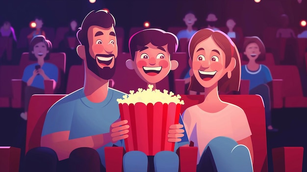 Photo a heartwarming family moment at the movies as parents and their child share a bucket of popcorn