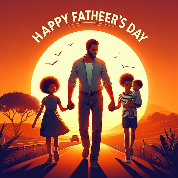 Heartwarming Fathers Day Sunset Dad Holding Hands with Son and Daughter Happy Fathers Day