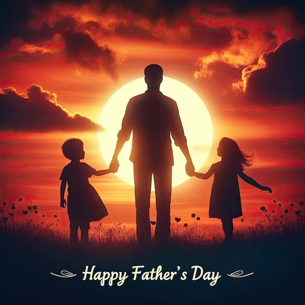 Heartwarming Fathers Day Sunset Dad Holding Hands with Son and Daughter Happy Fathers Day