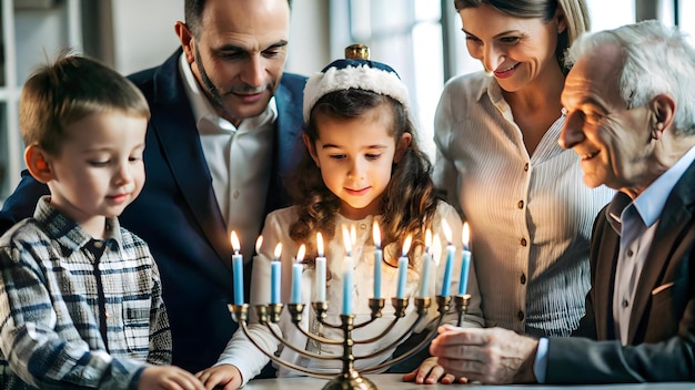 Heartwarming Flat Candid Illustration of Children Lighting Hanukkah Candles with Parents Celebratin