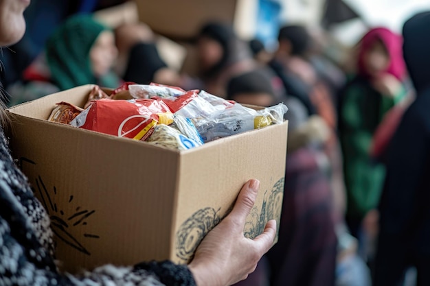 Photo heartwarming gesture volunteers distributing essential food items at refugee assistance center