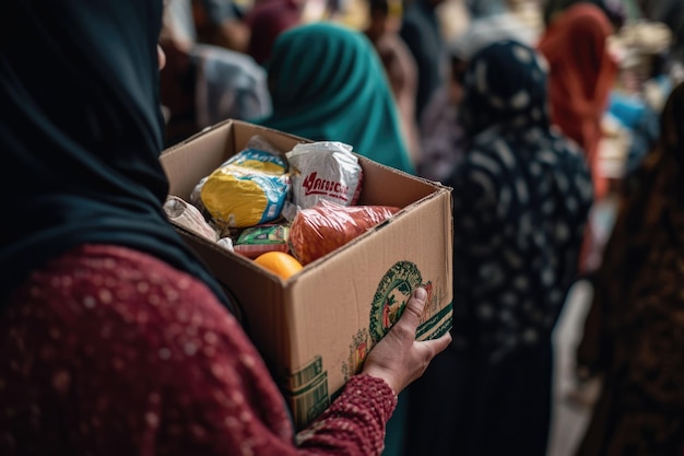 Photo heartwarming gesture volunteers distributing essential food items at refugee assistance center