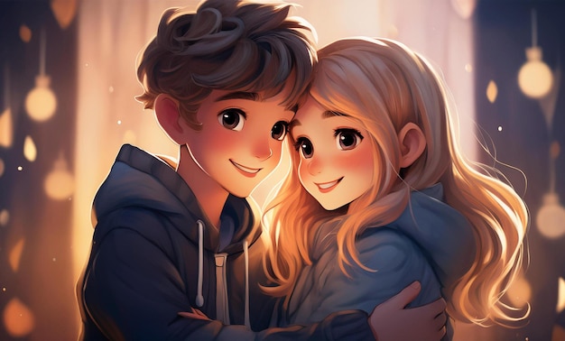 Heartwarming Hug Cartoon Boy and Girl in Soft Lighting