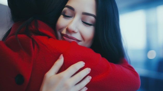 A heartwarming hug between two women at an airport