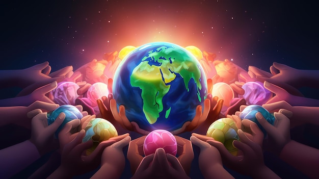 A heartwarming illustration of diverse hands holding the Earth gently