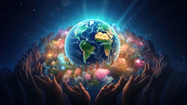 A heartwarming illustration of diverse hands holding the Earth gently