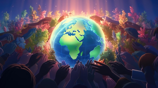 A heartwarming illustration of diverse hands holding the Earth gently