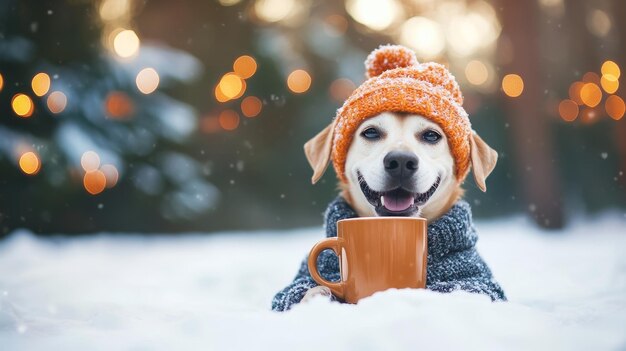 Photo a heartwarming image of a dog wearing a knitted hat holding a cup of hot cocoa and looking ch