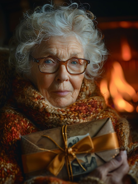 A heartwarming image of an elderly woman sitting by a fireplace holding a wrapped gift with a photo attached a look of nostalgia on her face