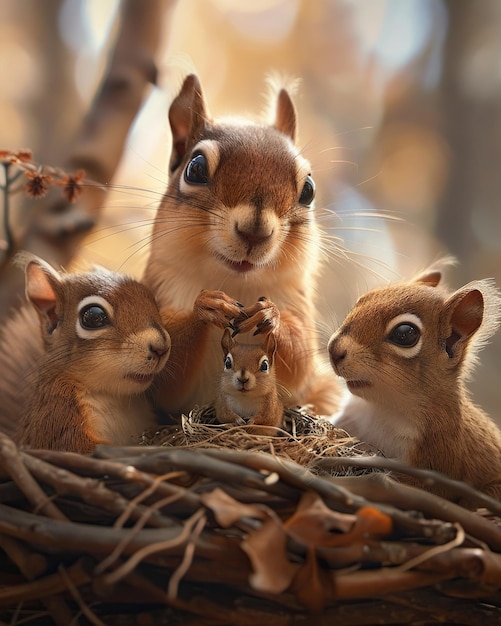 A heartwarming image of a family of squirrels welcoming a new member through adoption