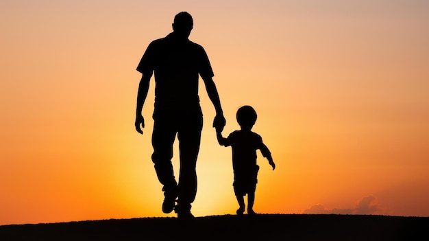 Heartwarming image of a father and child hand in hand against a sunset Illustrates fatherhood