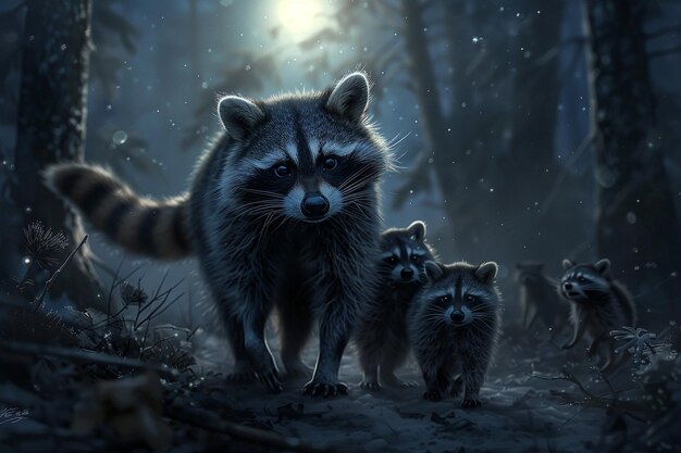 A heartwarming image of a mother raccoon leading h generative ai