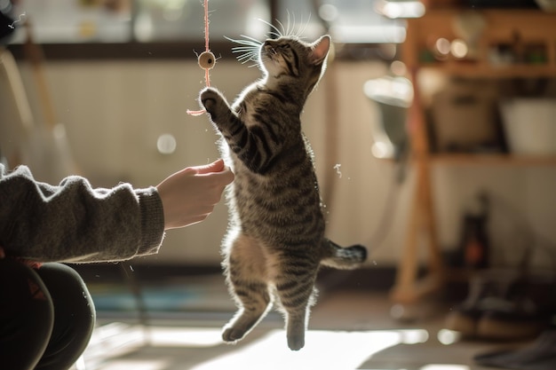 Photo heartwarming moment of cat playfully batting at toy with owner smiling in sunlit room