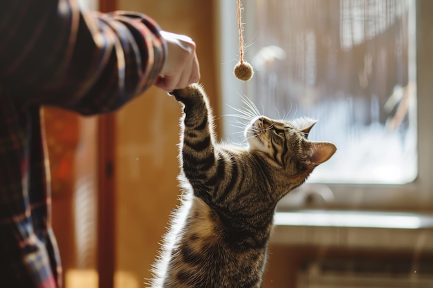 Photo heartwarming moment of cat playfully batting at toy with owner smiling in sunlit room