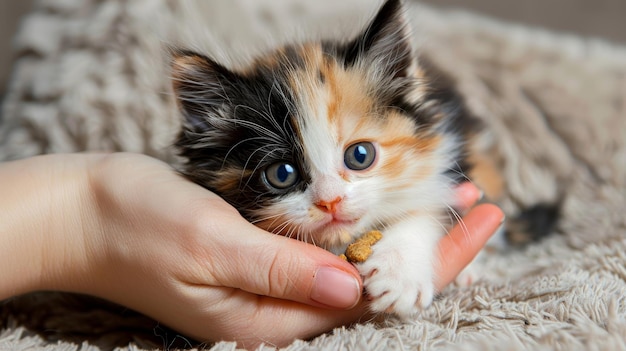 Photo heartwarming moment cute kitten joyfully eating from a woman s hand in an adorable interaction