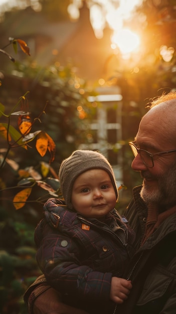 Heartwarming Moment Between Grandfather and Grandchild in a Sunlit Garden Capturing Generational