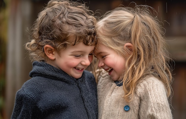 Photo a heartwarming moment between two child smiling at each other with their foreheads touching