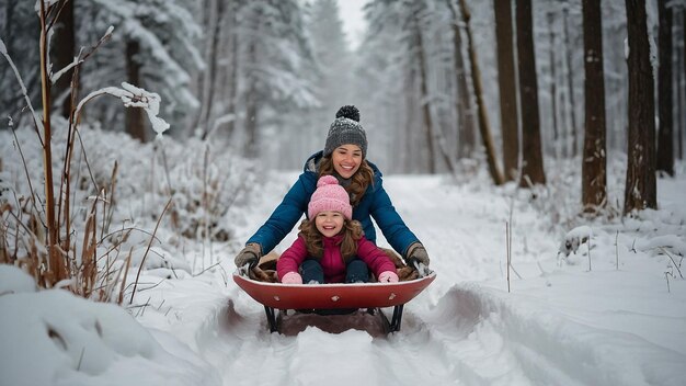 Photo heartwarming mother and daughter sled ride