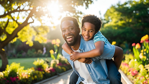 A heartwarming photograph captures the essence of a joyful father carrying his delighted son on his