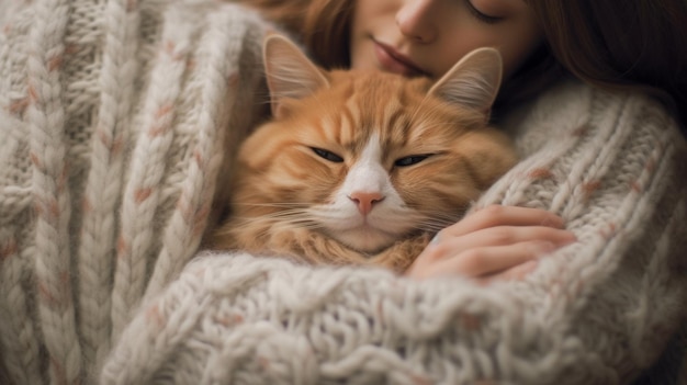 A heartwarming picture of a cat snuggled up next to its human companion symbolizing the special bon