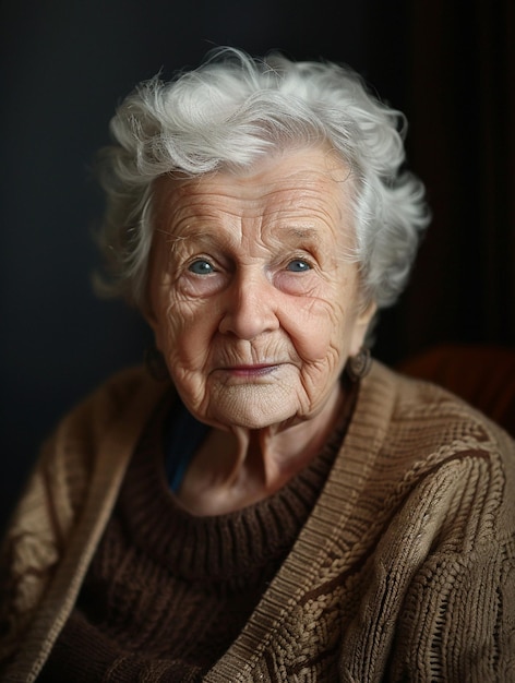 Heartwarming Portrait of an Elderly Woman with Silver Hair and Gentle Smile