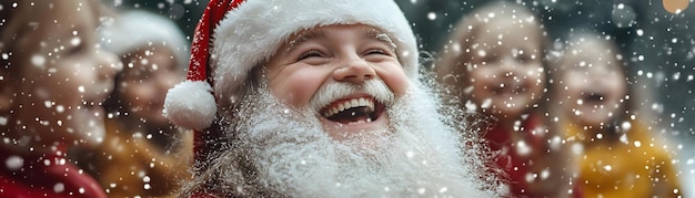 Photo heartwarming santa sharing joy with children candid moment of laughter at festive event captured in