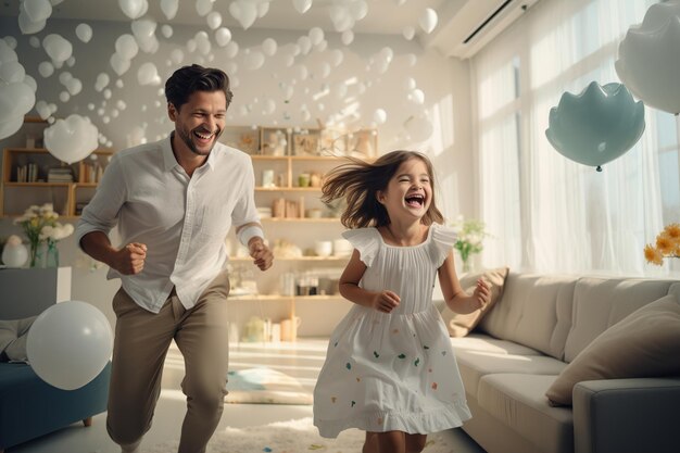 A heartwarming scene of a father and his young daughter laughing and playing in living room