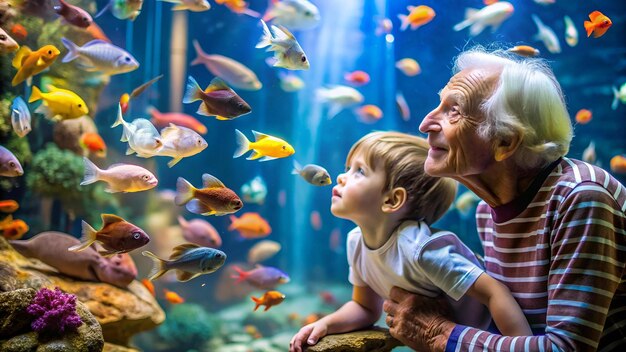 Photo a heartwarming scene of a grandparent and child admiring colorful fish in an aquarium showcasing a