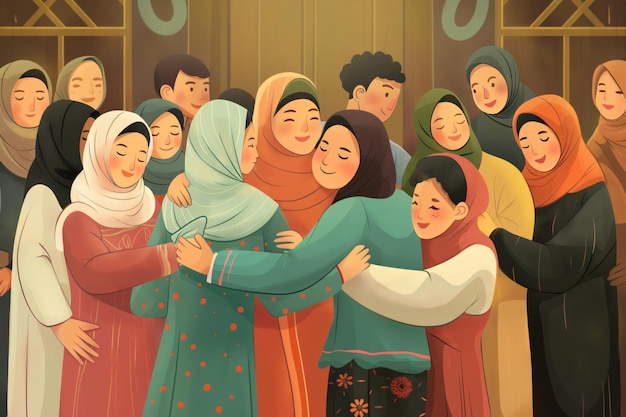 Heartwarming scene of a large Muslim family and friends hugging and celebrating eid al fitr