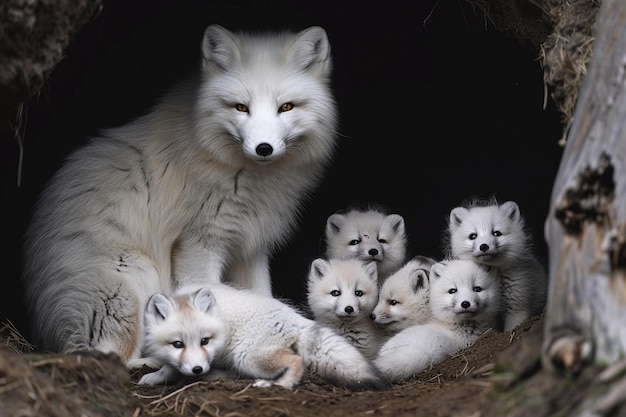 A heartwarming scene of a mother Arctic fox tendin generative ai