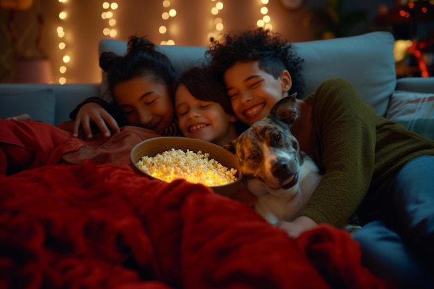 A heartwarming scene of parents children and their dog cuddled together on the couch sharing smiles